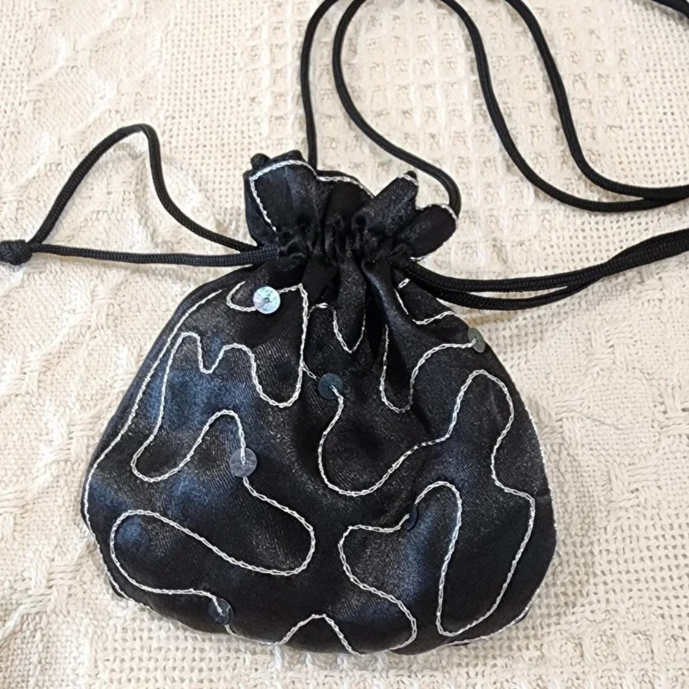 Vintage Mirror Compact + Black Satin Silver Stitching Sequin Evening Bag Purse